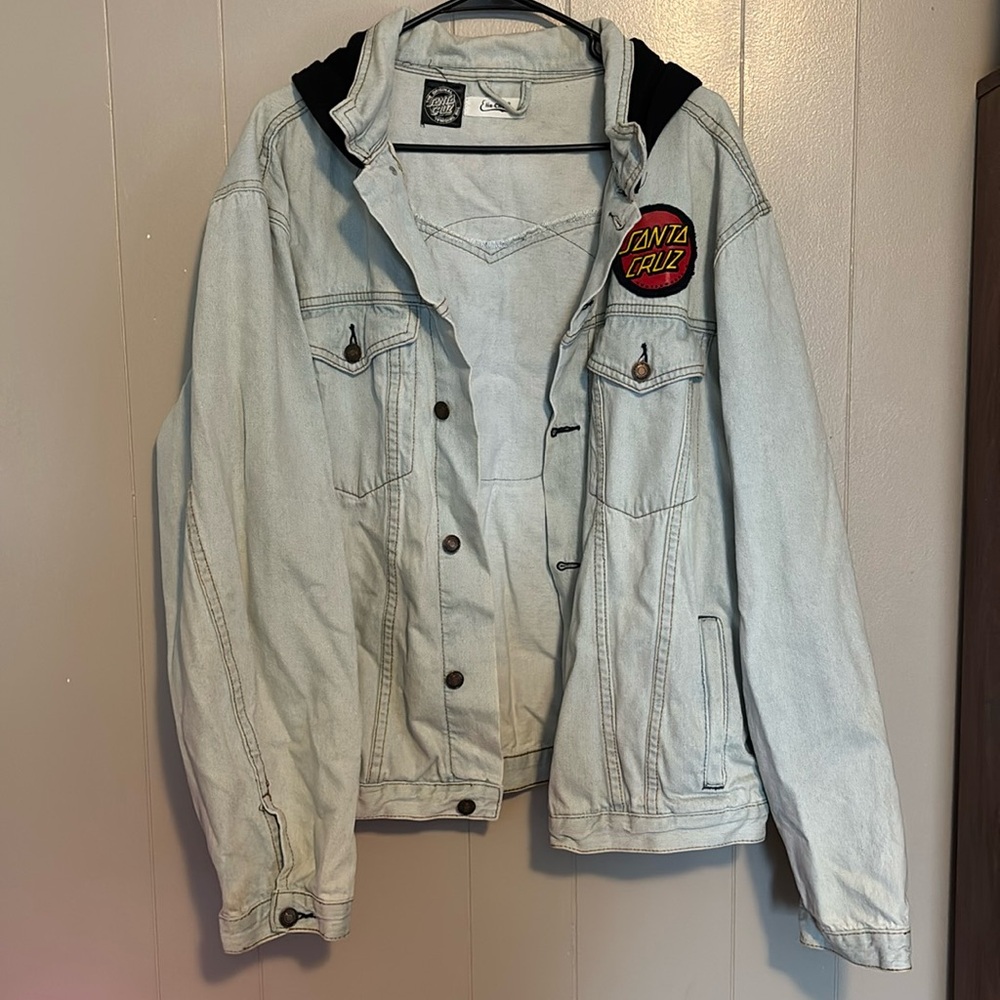 Repurposed Jean jacket with Santa Cruz hoodie pieces added